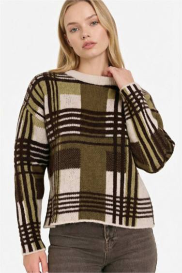 بلوز صوف كاروهات قصة عادية بياخة مستديرة