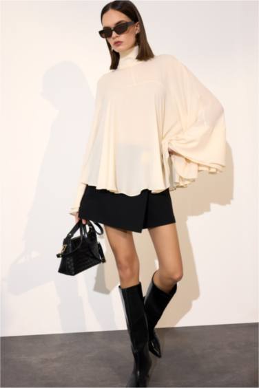 Fashıon Fıt Dik Yaka Krep Uzun Kollu Bluz