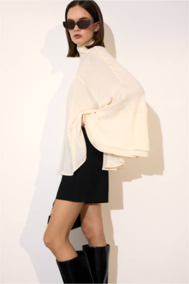 Fashıon Fıt Dik Yaka Krep Uzun Kollu Bluz