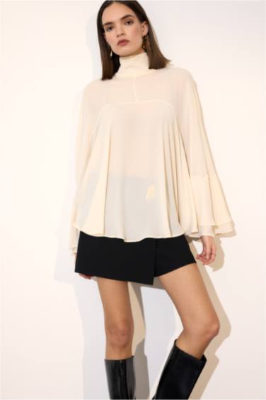 Fashıon Fıt Dik Yaka Krep Uzun Kollu Bluz