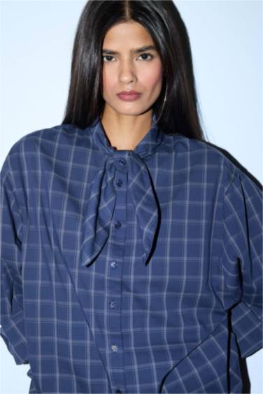 Oversize Fit Scarf Collar Checked Poplin Shirt
