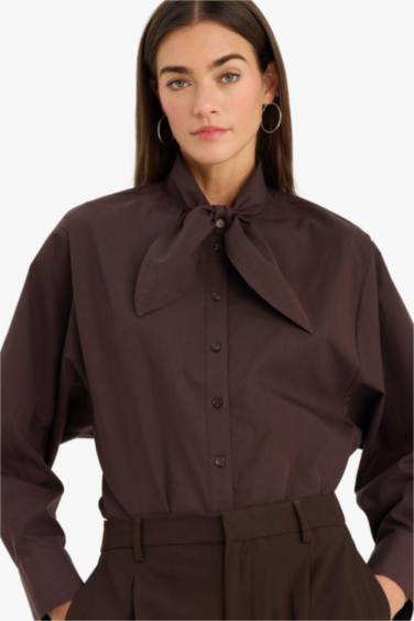 Oversıze Fular Yaka Poplin Uzun Kollu Gömlek