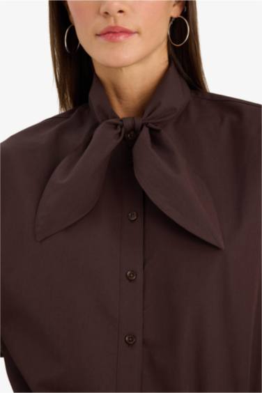 Oversıze Fular Yaka Poplin Uzun Kollu Gömlek