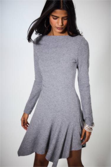 Bisiklet Yaka Uzun Kollu Mini Elbise