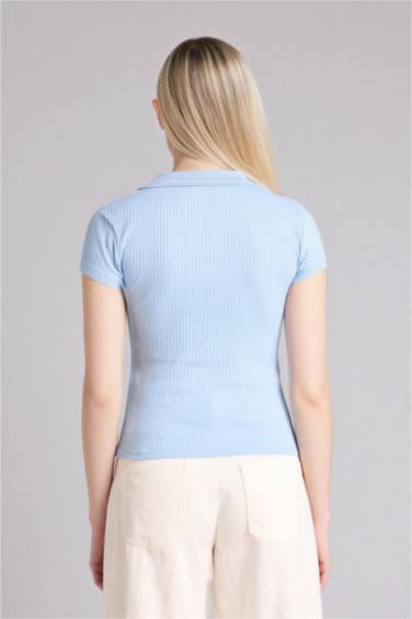 Slım Fıt Fitilli Kaşkorse Kısa Kollu Polo Tişört - Görsel 5