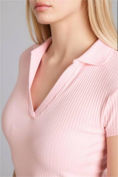 Slım Fıt Fitilli Kaşkorse Kısa Kollu Polo Tişört - Görsel 4