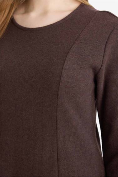 Bisiklet Yaka Uzun Kollu Selanik Kumaş Maxi Elbise