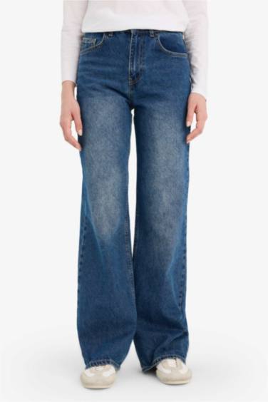 Straıght Wıde Yüksek Bel Uzun Jean Yıkamalı Pantolon