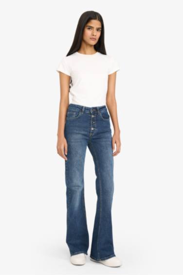Mia Flare Fıt Normal Bel Uzun Jean Yıkamalı Pantolon