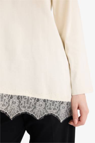 بلوز صوف طويل ردن طويل قصة عادية بتفاصيل دانتيل