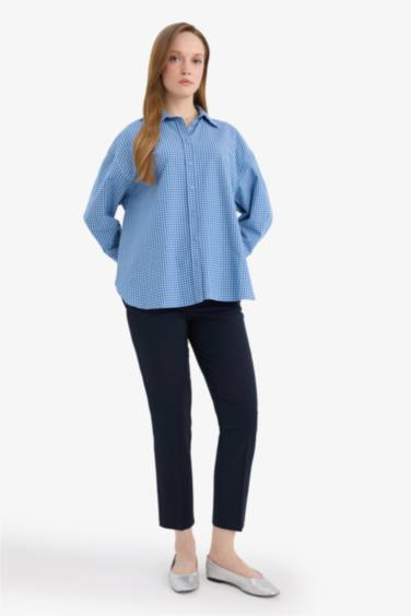 قميص كاروهات بوبلين ردن طويل قصة عادية