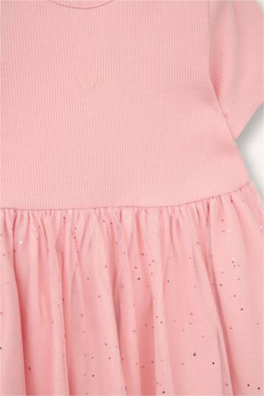 İşlemeli Kısa Kollu Fitilli Kaşkorse Elbise Kız Bebek