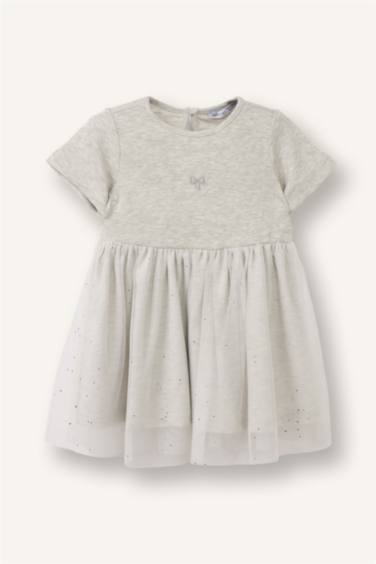 İşlemeli Kısa Kollu Fitilli Kaşkorse Elbise Kız Bebek