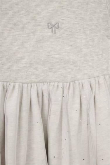 İşlemeli Kısa Kollu Fitilli Kaşkorse Elbise Kız Bebek