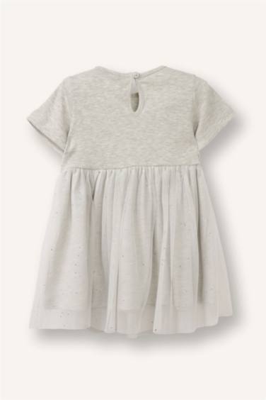 İşlemeli Kısa Kollu Fitilli Kaşkorse Elbise Kız Bebek