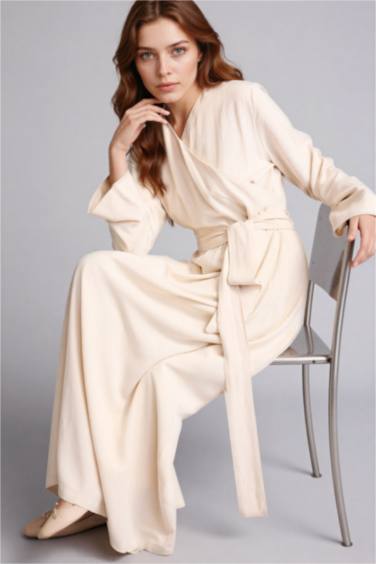 Keten Karışımlı Kuşaklı Maxi Elbise