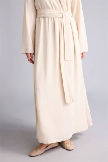 Keten Karışımlı Kuşaklı Maxi Elbise - Görsel 3