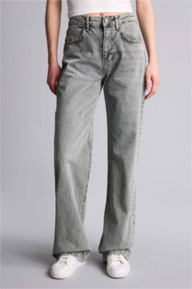 Straıght Wıde Yüksek Bel Uzun Jean Yıkamalı Pantolon