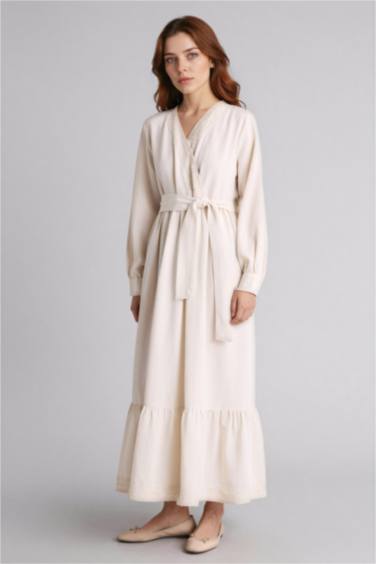 Kuşaklı Keten Karışımlı Maxi Elbise - Görsel 2