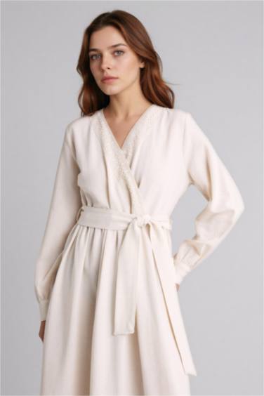 Kuşaklı Keten Karışımlı Maxi Elbise - Görsel 3