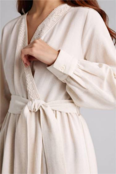 Kuşaklı Keten Karışımlı Maxi Elbise - Görsel 4