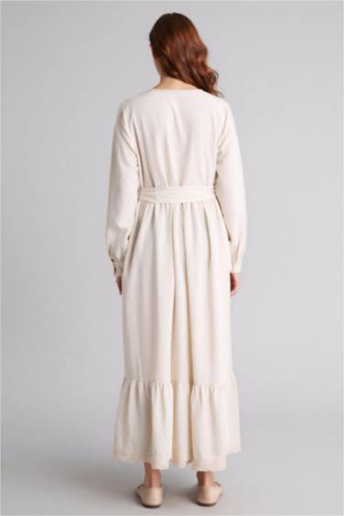 Kuşaklı Keten Karışımlı Maxi Elbise - Görsel 5