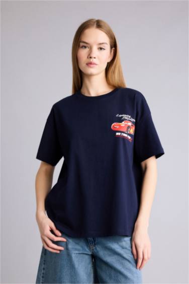 Cars baskılı lacivert oversize kısa kollu tişört. - Görsel 3