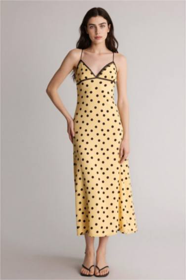 Kalp Yaka Puantiyeli Bürümcük Askılı Maxi Elbise - Görsel 6