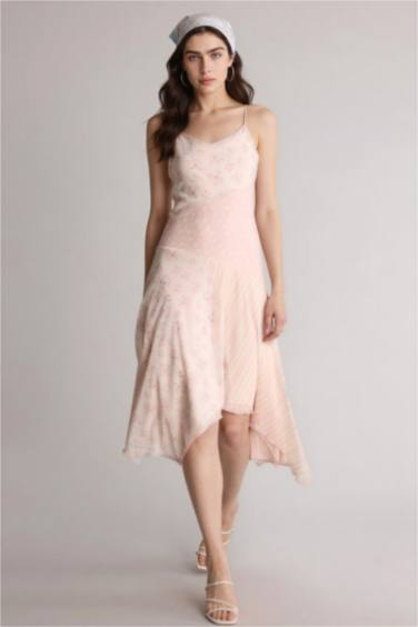 Asimetrik Renk Bloklu Tül Askılı Midi Elbise - Görsel 5