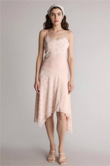 Asimetrik Renk Bloklu Tül Askılı Midi Elbise - Görsel 6