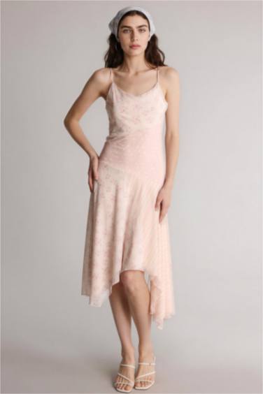 Asimetrik Renk Bloklu Tül Askılı Midi Elbise - Görsel 7