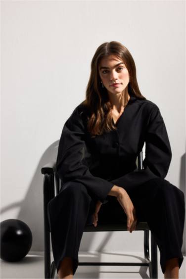 Fıtted V Yaka Krep Blazer Ceket