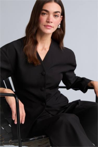 Fıtted V Yaka Krep Blazer Ceket