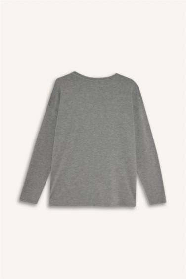 Relax Fıt Bisiklet Yaka Taş Baskılı Uzun Kollu Tişört