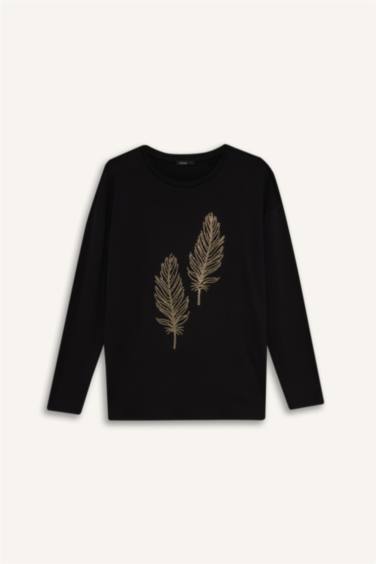 Relax Fıt Bisiklet Yaka Taş Baskılı Uzun Kollu Tişört