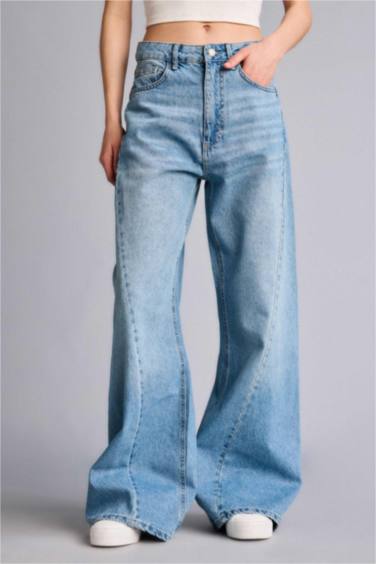 Wıde Leg Yüksek Bel Uzun Jean Yıkamalı Pantolon