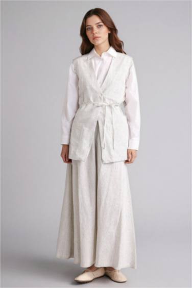 A Kesim Çizgili Keten Etek