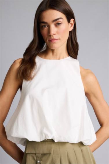 Balloon Fıt Bisiklet Yaka Poplin Kolsuz Bluz