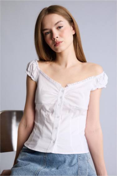 Fıtted Poplin Kısa Kollu Bluz - Görsel 3