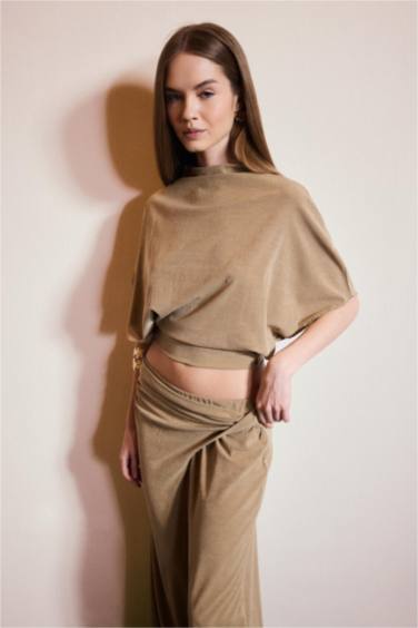 Slım Fıt Yarım Balıkçı Yaka Krep Tişört