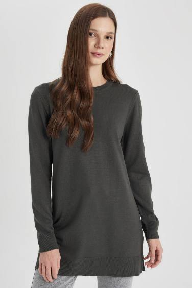 Regular Fit Crew Neck Slit Basic Knitted Pullover Tunic