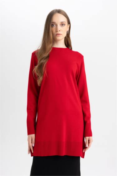 Regular Fit Crew Neck Slit Basic Pullover Tunic