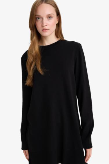 Regular Fit Bisiklet Yaka Yırtmaçlı Basic Düz Triko Kazak Tunik