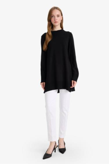 Regular Fit Bisiklet Yaka Yırtmaçlı Basic Düz Triko Kazak Tunik