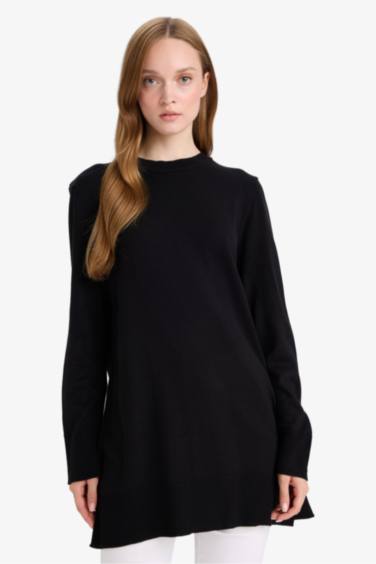 Regular Fit Bisiklet Yaka Yırtmaçlı Basic Düz Triko Kazak Tunik