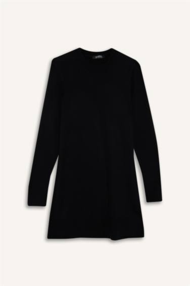 Regular Fit Bisiklet Yaka Yırtmaçlı Basic Düz Triko Kazak Tunik