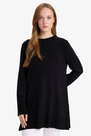 Regular Fit Bisiklet Yaka Yırtmaçlı Basic Düz Triko Kazak Tunik
