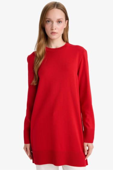 Regular Fit Bisiklet Yaka Yırtmaçlı Basic Düz Triko Kazak Tunik