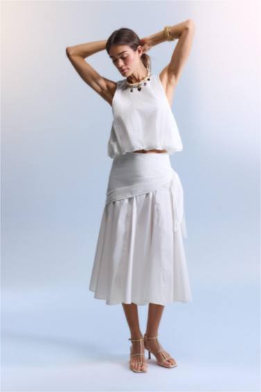 Afra x Defacto A Kesim Normal Bel Poplin Midi Etek