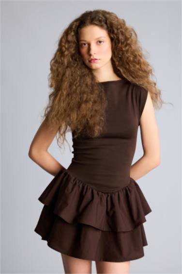 Balloon Fıt Kayık Yaka Mini Elbise - Görsel 3